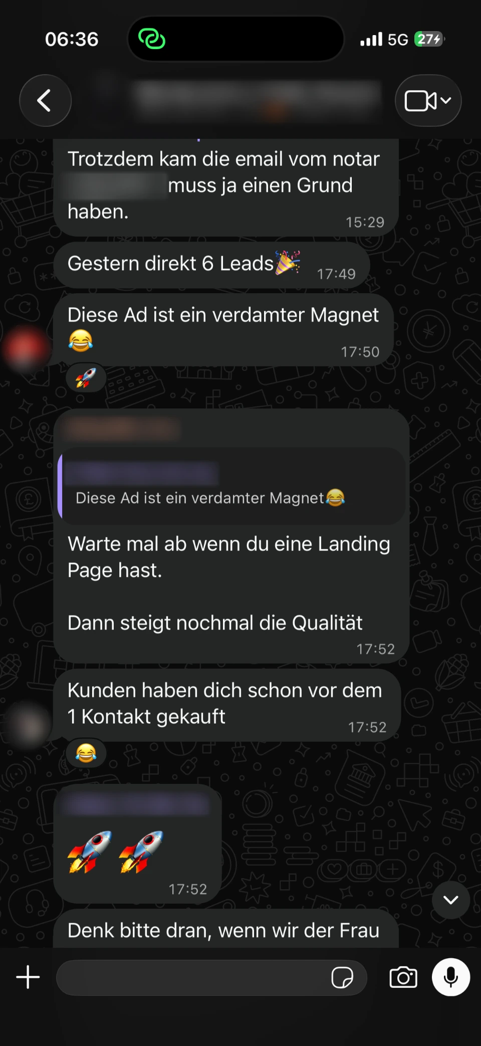 Originalnachricht: Gestern direkt 6 Leads. Namen und Profilbilder sind verdeckt.